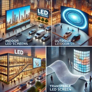 Types-of-LED-Screens-A-detailed-image-showcasing-various-types-of-LED-screens-including-indoor-LED-screens-outdoor-LED-screens-flexible-LED-screens-and-transparent-LED